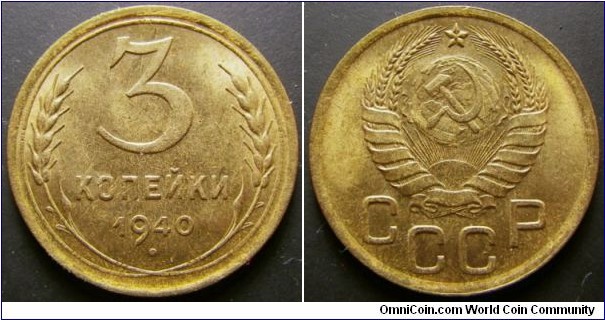 Russia 1940 3 kopek. Nice condition. 