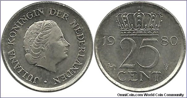 Nederlands 25 Cent 1980 - PrivyMark = Cock and Star