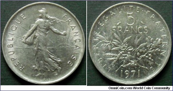 France 5 francs.
1971, Weight; 10g.
Diameter; 29mm. Mintage: 142.204.000 units.