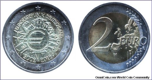 Germany, 2 euros, 2012, Cu-Ni-Ni-Brass, bi-metallic, 25.75mm, 8.5g, 10 years of euro: 2002-2012.
