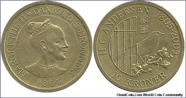 Denmark 10 Kroner 2007-Bicentenary of HC Andersen (The Nightingale)