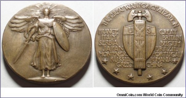 1914-1918 World War I Alliance of Fourteen Allied Nations Medal. Bronze: 36MM./24.1 gm.
