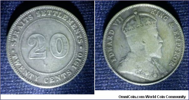 Straits Settlements King Edward VII 20 cents. 600.Silver