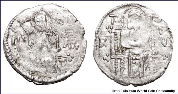 SERBIA~AR Posthumous Dinar 1389 AD>. Issued after the defeat and execution of Prince: Lazar Hrebeljanovic at the 'Battle of Kosovo' in 1389. Lazar is depicted with a halo, which was issued supposedly after Lazar was canonized for sainthood. *SCARCE*
