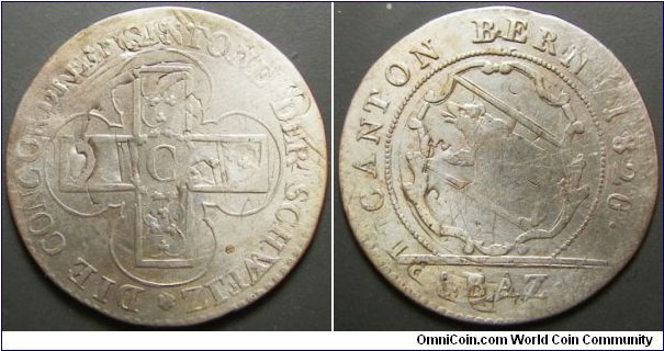 Switzerland 1826 1 batz overstruck over an older type of coin. Cleaned and scratched. Weight: 2.34g. 