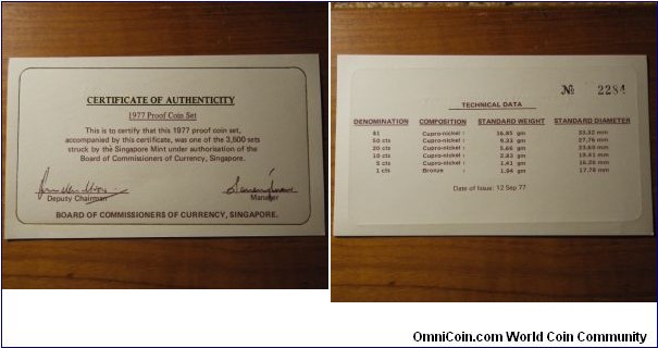 Singapore 1977 certificate for proof mint set. 
