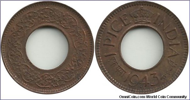 India-British 1 Pice 1943(High Crown)