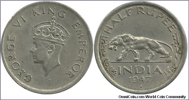 India-British ½ Rupee 1947(C) Calcutta Mint