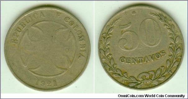 Colombia Lepro 1921 50 Centavos-CAT 320
SOLD