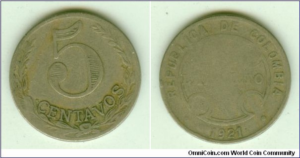 Colombia 1921 Lepro 5 Centavos-CAT 319