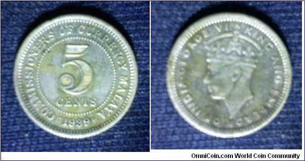 Commissioner of currency of Malaya King George VI 5 cents