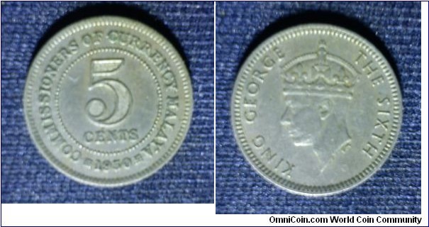 Commissioner of currency of Malaya King George VI 5 cents