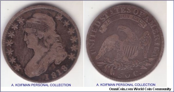KM-37, 1818 United States of America 50 cents; silver, lettered edge; fine or so, but most of edge lettering is gone.