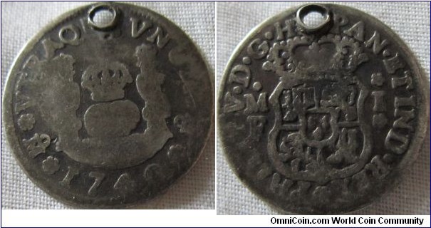 1740 silver 1 real coin, F and holed