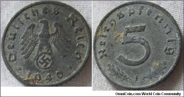 1940 5 pfennig, stuttgart mint