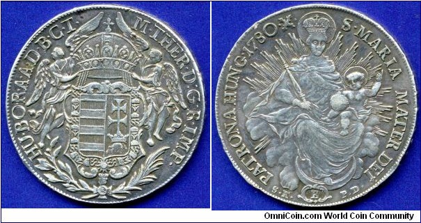 Thaler (Conventionsthaler, Madonnathaler).
Kingdom of Hungary.
Maria Theresia (1745-1780), the Queen of Hungary & Empress of Holy Roman Empire.
*B* - Kremnitz mint.
SK-PD - mintmaster Sigismund A. Klemmer von Klemmersberg and J.P. von Damiani.


Ag833f. 28,06gr.