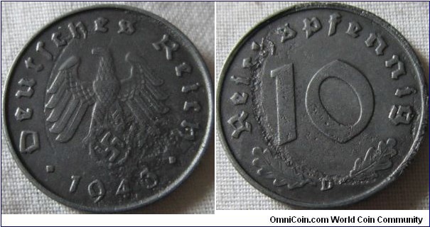 1943 D 10 pfennig, some damage unknown origins of that