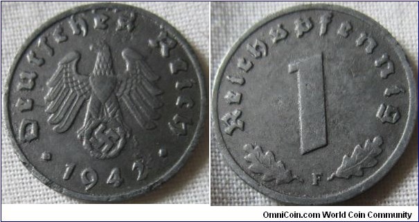 1942 F 1 pfennig, looks like dye damage rather then post mint.