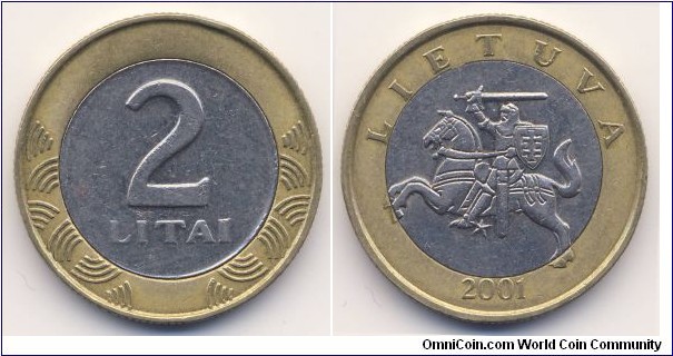 2 Litai (Republic of Lithuania // Bimetallic: Copper-Nickel centre / Aluminium-Bronze ring)
