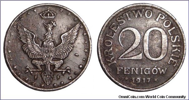 POLAND (REGENCY)~20 Fenigow 1917 FF. Under German occupation. Mint: Stuttgart.