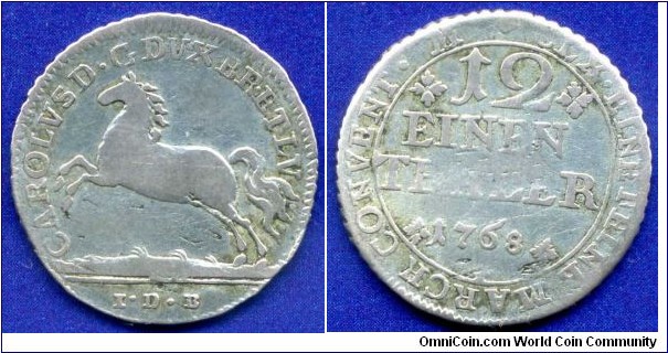 1/12 Thaler (Conventions Foot).
Braunsweig-Wolfenbüttel.
Karl I (1735-1780).
*IDB*.


Ag.