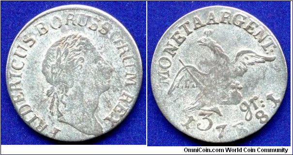 3 gröscher (Düttchen).
Kingdom of Prussia.
Fridrich (1740-1786), Der Grosse.
*E* - Konigsberg mint.
Mintage 2,066,400 units.


Ag.