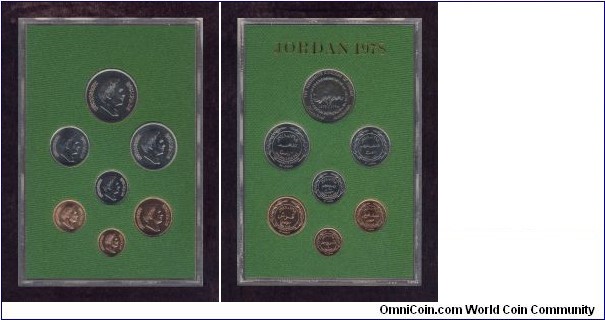 Jordan, A.D. 1978 Proof Set, PS9, Mintage: 20000.

With seven different coin denominations, as follows:
1 Fils, 5 Fils, 10 Fils, 25 Fils, 50 Fils, 100 Fils and 1/4 Dinar.
