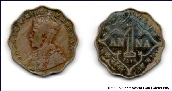 1 Anna. George V King Emperor Obverse. Damage to lower left edge.
Weight: 3.8gr