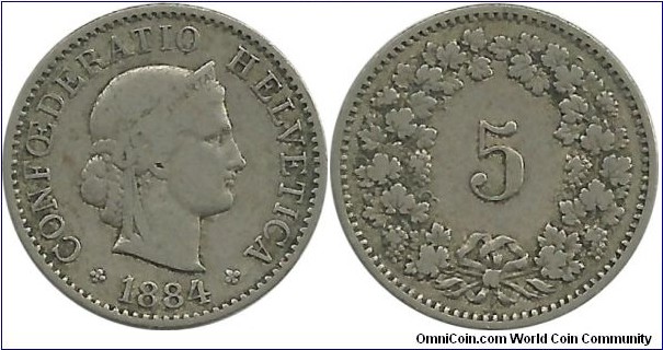 Switzerland 5 Rappen 1884B