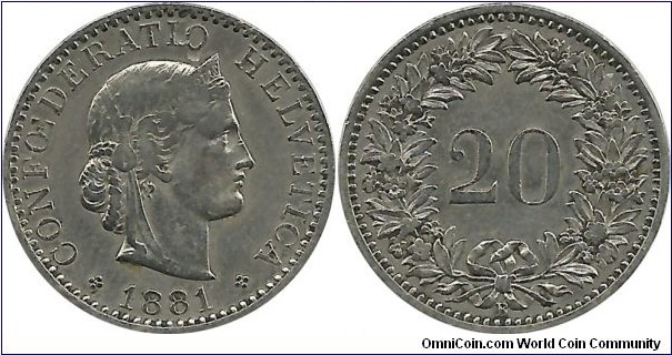 Switzerland 20 Rappen 1881B