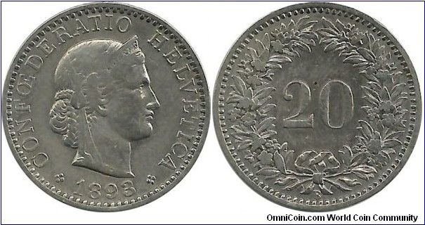 Switzerland 20 Rappen 1893B