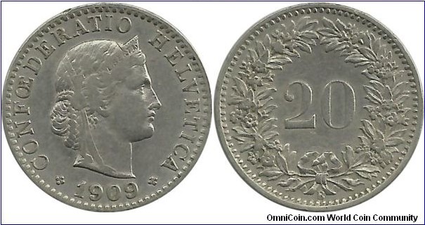 Switzerland 20 Rappen 1909B