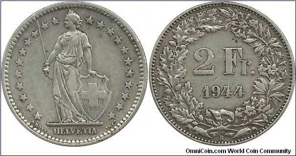 Switzerland 2 Francs 1944B