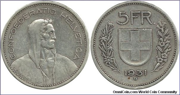 Switzerland 5 Francs 1931B