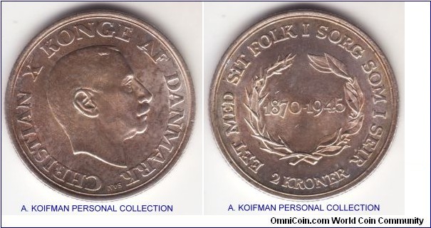 KM-836, ND(1945) Denmark 2 kroner; silver, reeded edge; bright almost uncirculated.