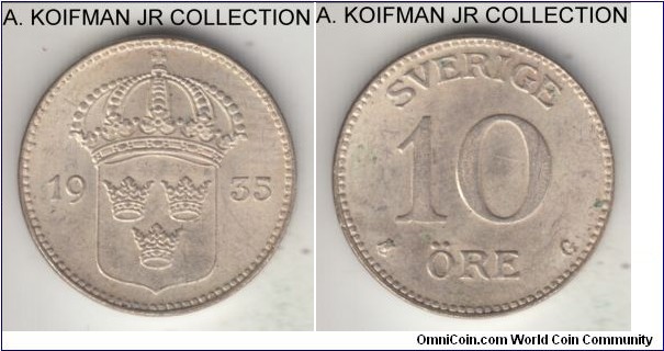 KM-780, 1935 Sweden 10 ore; silver, plain edge; Gustaf V, nice coins with subdued luster, uncirculated.