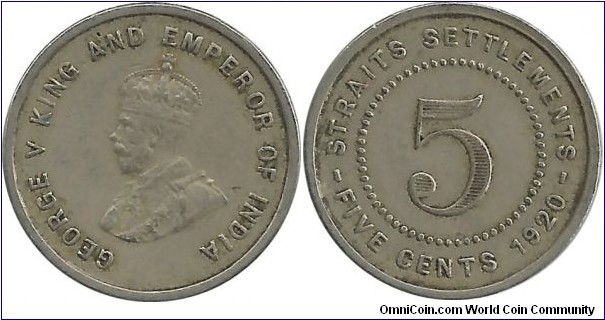 StraitsSettlements 5 Cents 1920