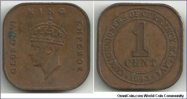 Malaya 1 Cent 1943 - reduced size