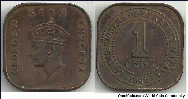 Malaya 1 Cent 1945 - reduced size