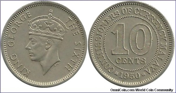 Malaya 10 Cents 1950