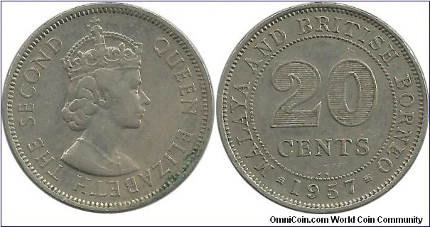 MalayaBritishBorneo 20 Cents 1957KN