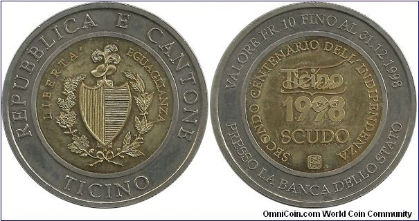 Switzerland-Ticino Canton 10 Francs 1998 - Second Centennary of Independence