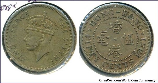 Hong Kong Fifty Cents, King George VI, Copper-Nickel.