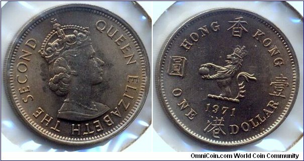 HONG KONG ONE DOLLAR, QES, Reeded-edge, Cupro-nickel, 30mm, 2.25mm, 11.6g, 1971H. 香港壹圓