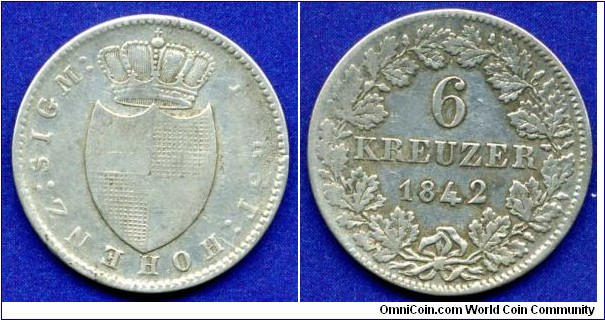 6 kreuzer.
Hohenzollern-Sigmaringen.
Karl (1831-1848).
Mintage 74,000 units.


Ag333f. 2,59gr.
