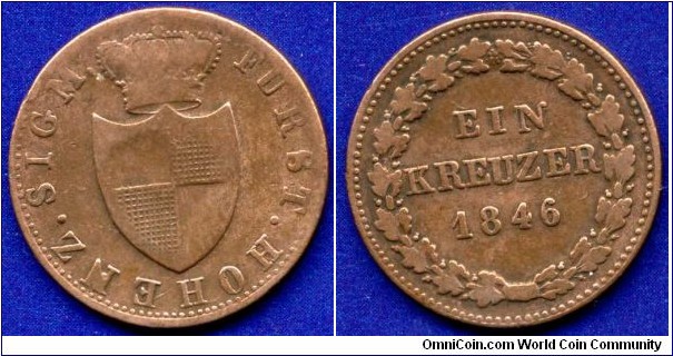 1 kreuzer.
Hohenzollern-Sigmaringen.
Karl (1831-1848).
Mintage 55,000 units.


Cu.