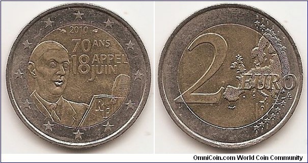 2 Euro
KM#1676
8.5000 g., Bi-Metallic Nickel-Brass center in Copper-Nickel ring, 25.75 mm. Subject: 70th Anniversary, June 18th Appeal Obv: General Charles DeGaulle giving BBC speech Rev: Value and map