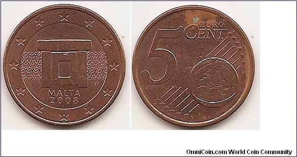 5 Euro cent
KM#127
3.9200 g., Copper Plated Steel, 21.25 mm. Obv: Doorway Rev: Denomination and globe