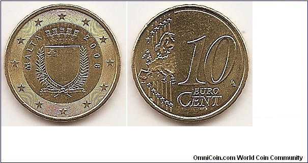 10 Euro cent
KM#128
4.1000 g., Brass, 19.75 mm. Obv: Crowned shield within wreath Rev: Value and relief map of Europe Edge: Notched