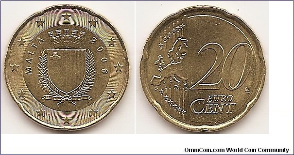 20 Euro cent
KM#129
5.7500 g., Brass, 22.25 mm. Obv: Crowned shield within wreath Rev: Denomination and Map of Western Europe Edge: Notched